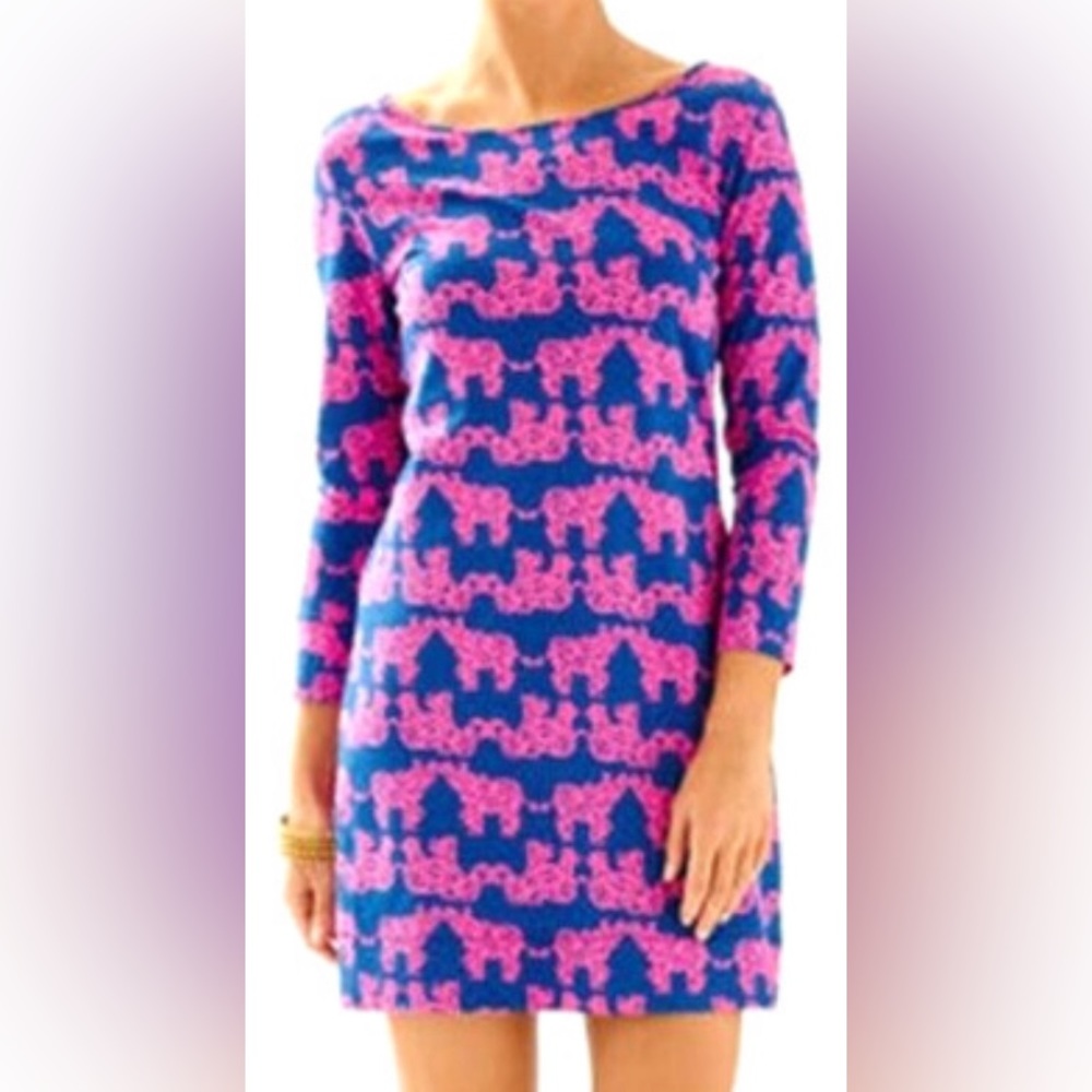 Lilly Pulitzer‎ Sophie Dress Blue Pink Elephant Print Boatneck XS
